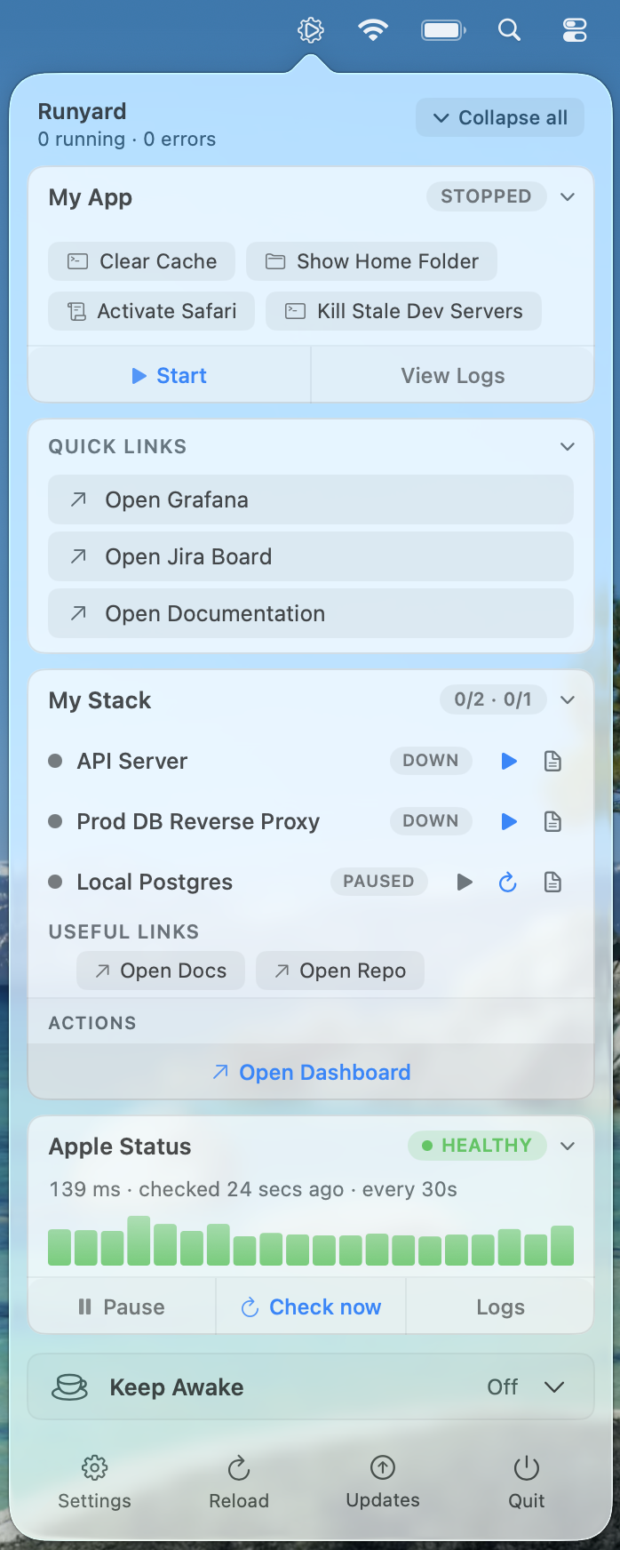 Runyard menu bar: start, stop, and monitor your dev stack