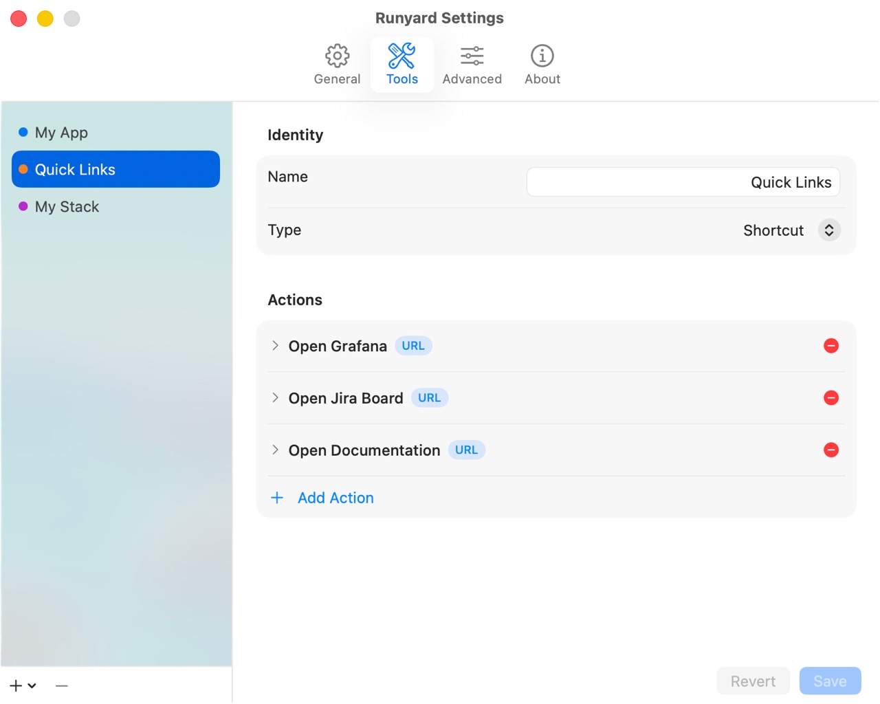 Runyard settings — group links, actions, and services